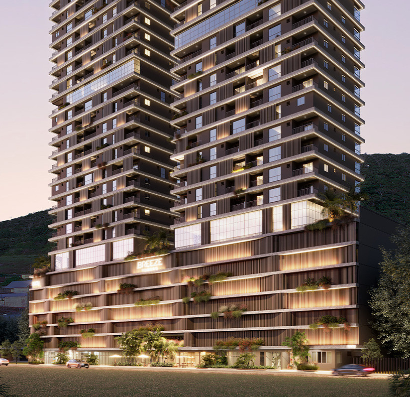 Render externo do Breeze Towers ao entardecer